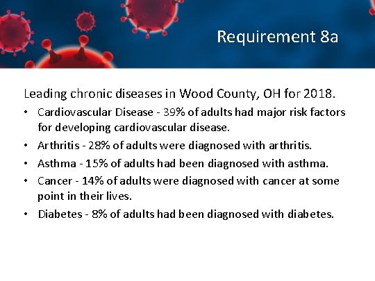Requirement 8 a Leading chronic diseases in Wood County, OH for 2018. • Cardiovascular
