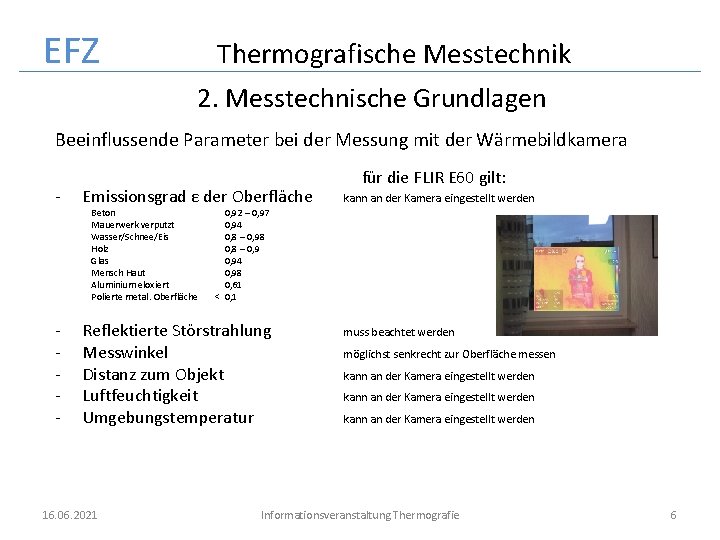 EFZ Thermografische Messtechnik 2. Messtechnische Grundlagen Beeinflussende Parameter bei der Messung mit der Wärmebildkamera