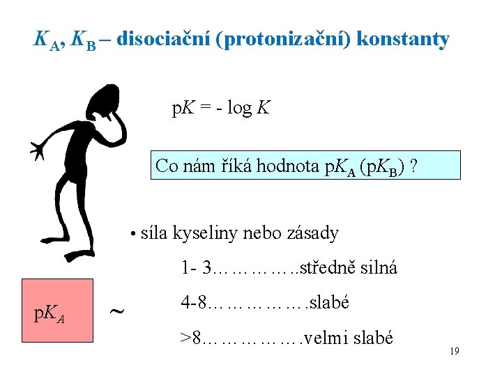 KA, KB – disociační (protonizační) konstanty p. K = - log K Co nám