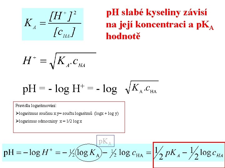 p. H slabé kyseliny závisí na její koncentraci a p. KA hodnotě p. H