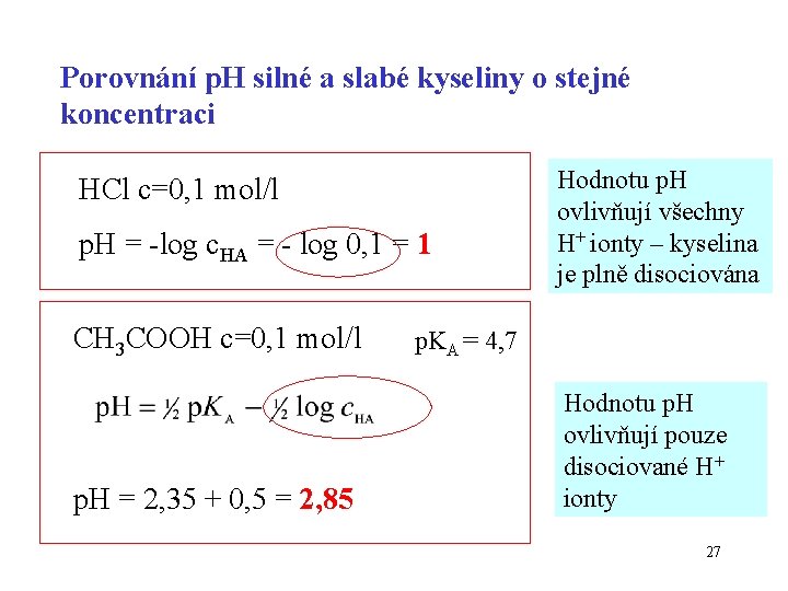 Porovnání p. H silné a slabé kyseliny o stejné koncentraci HCl c=0, 1 mol/l