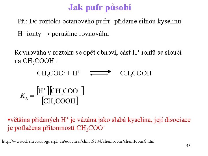 Jak pufr působí Př. : Do roztoku octanového pufru přidáme silnou kyselinu H+ ionty