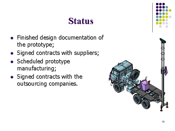 Status l l Finished design documentation of the prototype; Signed contracts with suppliers; Scheduled