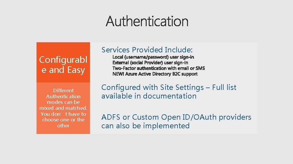 Configurabl e and Easy Different Authentication modes can be mixed and matched. You don’t