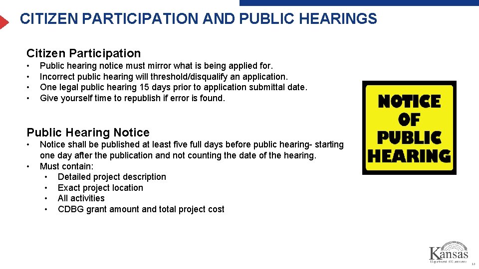CITIZEN PARTICIPATION AND PUBLIC HEARINGS Citizen Participation • • Public hearing notice must mirror