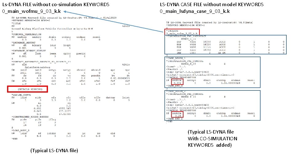 Ls-DYNA FILE without co-simulation KEYWORDS 0_main_wofmu_9_03_k. k (Typical LS-DYNA file) LS-DYNA CASE FILE without