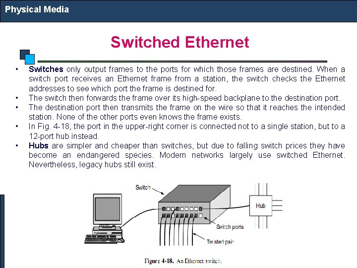 Physical Media Switched Ethernet • • • Switches only output frames to the ports