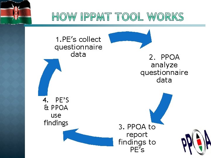 1. PE’s collect questionnaire data 4. PE’S & PPOA use findings 2. PPOA analyze
