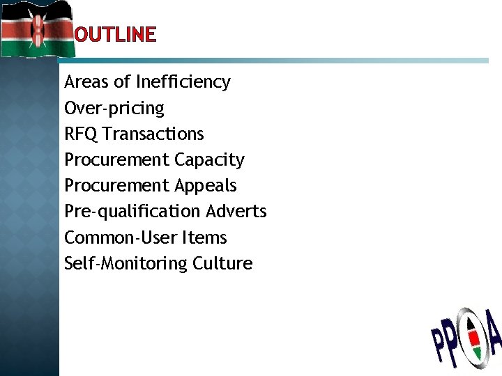 OUTLINE Areas of Inefficiency Over-pricing RFQ Transactions Procurement Capacity Procurement Appeals Pre-qualification Adverts Common-User