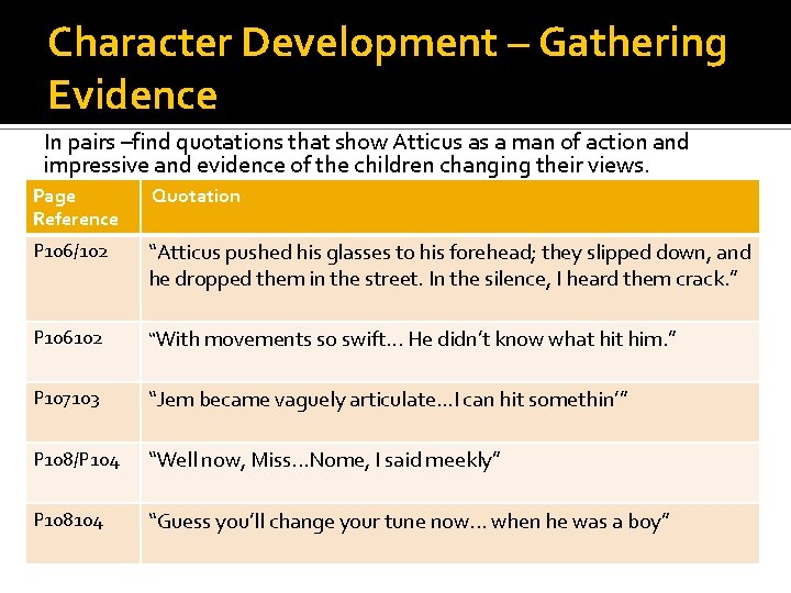Character Development – Gathering Evidence In pairs –find quotations that show Atticus as a