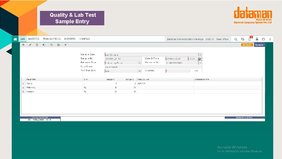 Quality & Lab Test Sample Entry 