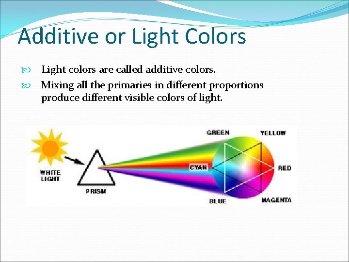 Additive or Light Colors Light colors are called additive colors. Mixing all the primaries