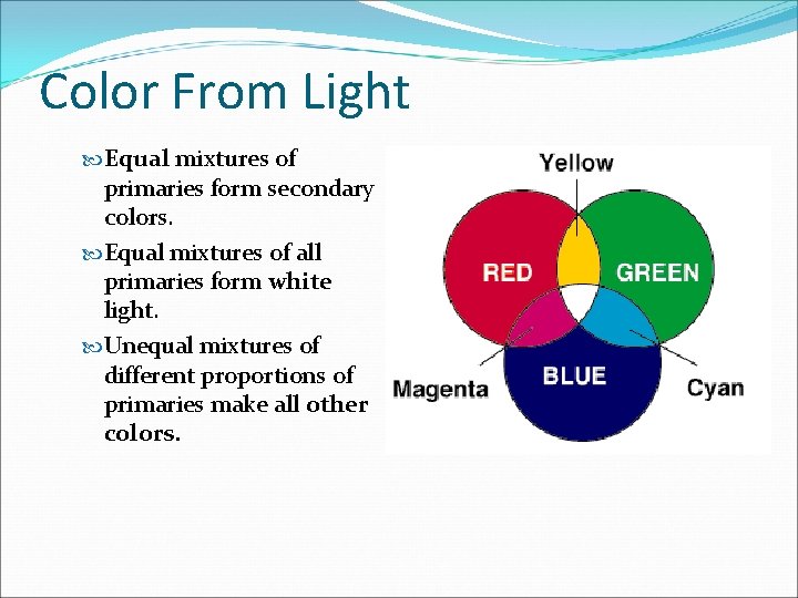 Color From Light Equal mixtures of primaries form secondary colors. Equal mixtures of all