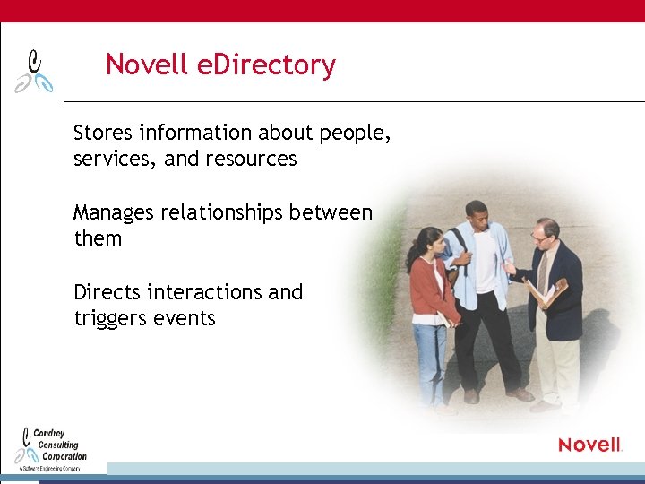 Novell e. Directory Stores information about people, services, and resources Manages relationships between them