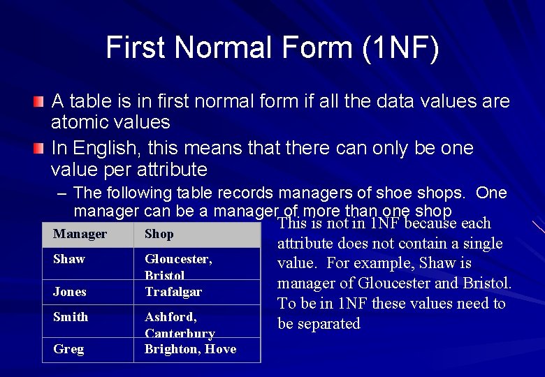 First Normal Form (1 NF) A table is in first normal form if all First Normal Form (1 NF) A table is in first normal form if all