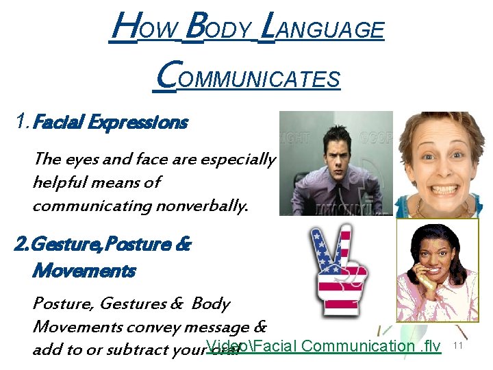 HOW BODY LANGUAGE COMMUNICATES 1. Facial Expressions The eyes and face are especially helpful
