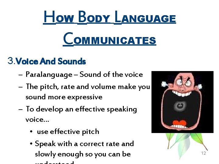 HOW BODY LANGUAGE COMMUNICATES 3. Voice And Sounds – Paralanguage – Sound of the
