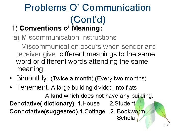 Problems O’ Communication (Cont’d) 1) Conventions o’ Meaning: a) Miscommunication Instructions Miscommunication occurs when