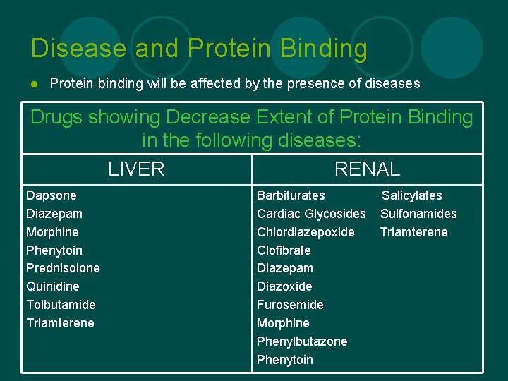 Disease and Protein Binding l Protein binding will be affected by the presence of