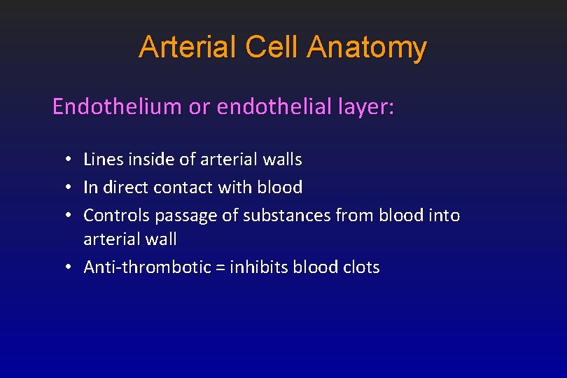 Arterial Cell Anatomy Endothelium or endothelial layer: Lines inside of arterial walls In direct