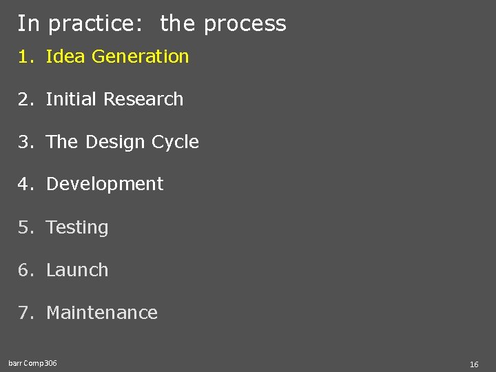 In practice: the process 1. Idea Generation 2. Initial Research 3. The Design Cycle