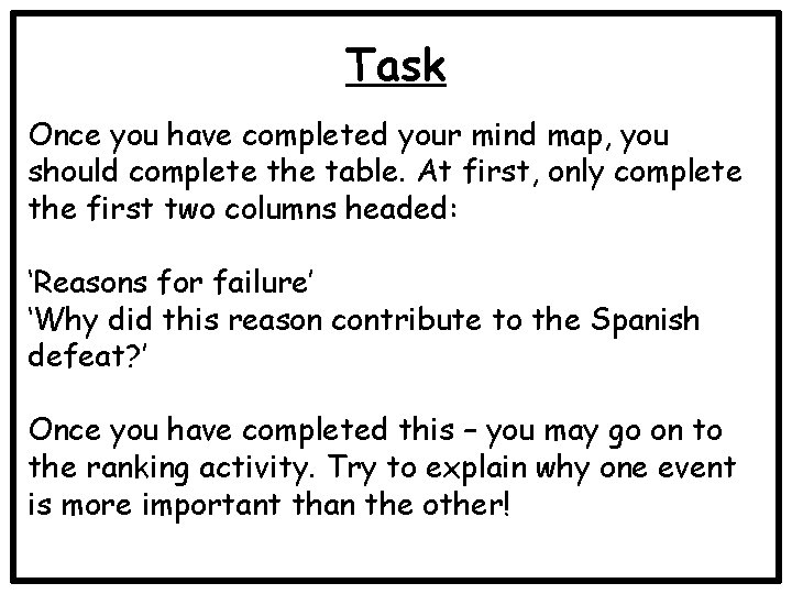 Task Once you have completed your mind map, you should complete the table. At