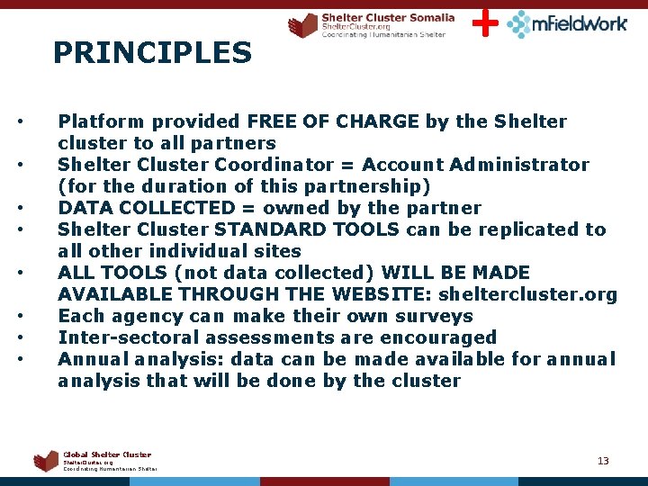 PRINCIPLES • • + Platform provided FREE OF CHARGE by the Shelter cluster to