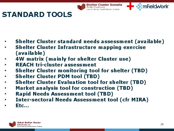 STANDARD TOOLS • • • + Shelter Cluster standard needs assessment (available) Shelter Cluster