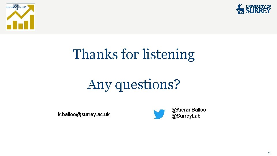 Thanks for listening Any questions? k. balloo@surrey. ac. uk @Kieran. Balloo @Surrey. Lab 21