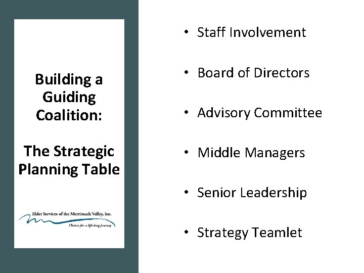  • Staff Involvement Building a Guiding Coalition: • Board of Directors The Strategic