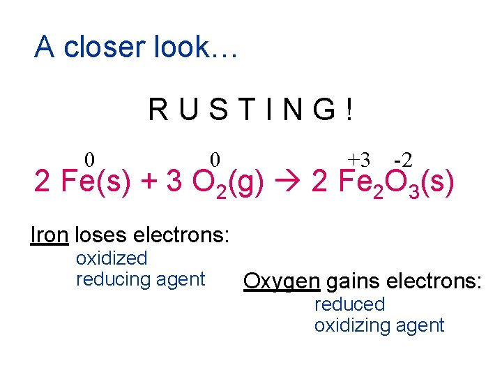 A closer look… RUSTING! 0 0 +3 -2 2 Fe(s) + 3 O 2(g)