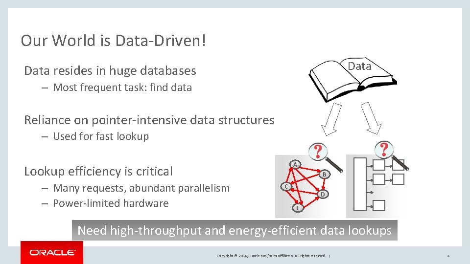 Our World is Data-Driven! Data resides in huge databases – Most frequent task: find