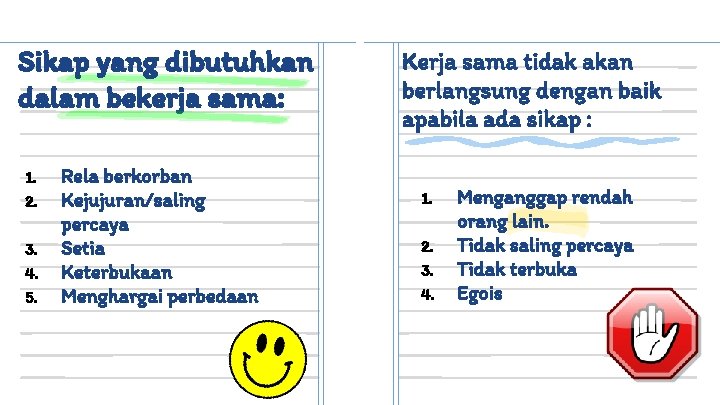 Sikap yang dibutuhkan dalam bekerja sama: 1. 2. 3. 4. 5. Rela berkorban Kejujuran/saling