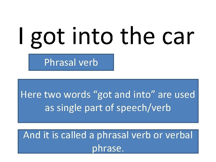 I got into the car Phrasal verb Here two words “got and into” are