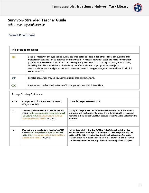 Tennessee District Science Network Task Library Survivors Stranded Teacher Guide 5 th Grade Physical