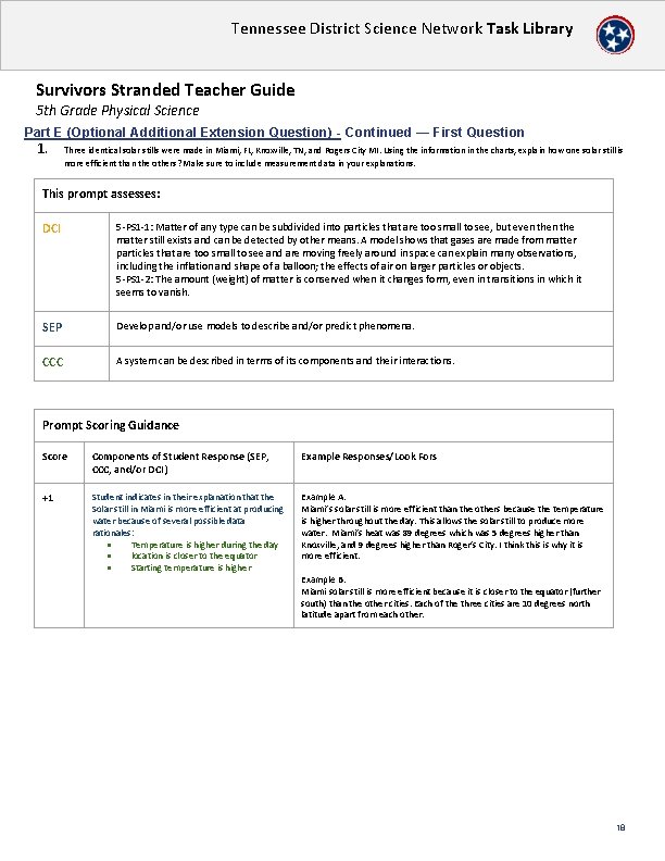 Tennessee District Science Network Task Library Survivors Stranded Teacher Guide 5 th Grade Physical