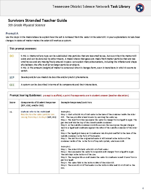 Tennessee District Science Network Task Library Survivors Stranded Teacher Guide 5 th Grade Physical