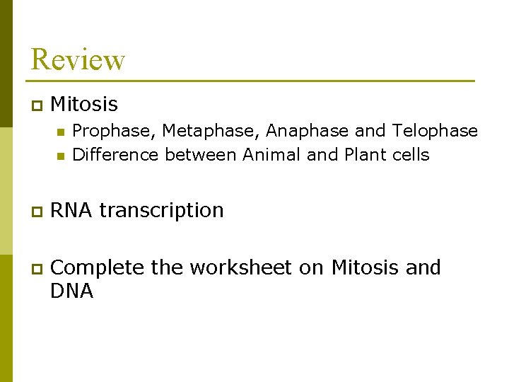 Review p Mitosis n n Prophase, Metaphase, Anaphase and Telophase Difference between Animal and