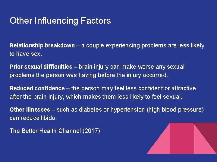 Other Influencing Factors Relationship breakdown – a couple experiencing problems are less likely to