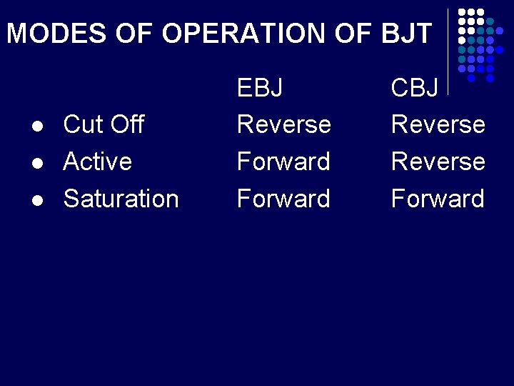MODES OF OPERATION OF BJT l l l Cut Off Active Saturation EBJ Reverse
