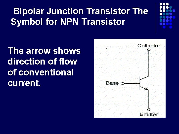 Bipolar Junction Transistor The Symbol for NPN Transistor The arrow shows direction of flow