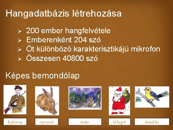 Hangadatbázis létrehozása Ø Ø 200 ember hangfelvétele Emberenként 204 szó Öt különböző karakterisztikájú mikrofon