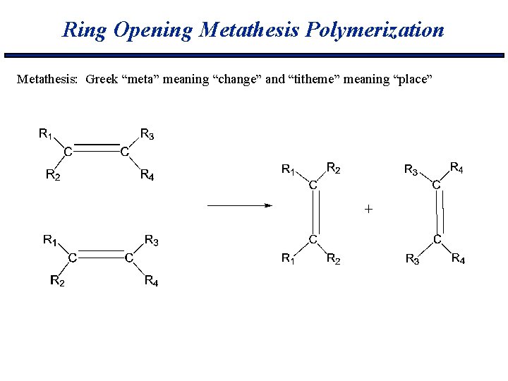 Ring Opening Metathesis Polymerization Metathesis: Greek “meta” meaning “change” and “titheme” meaning “place” 