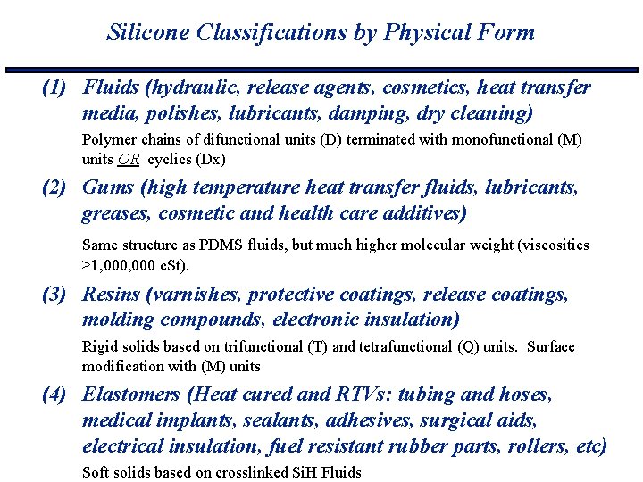 Silicone Classifications by Physical Form (1) Fluids (hydraulic, release agents, cosmetics, heat transfer media,