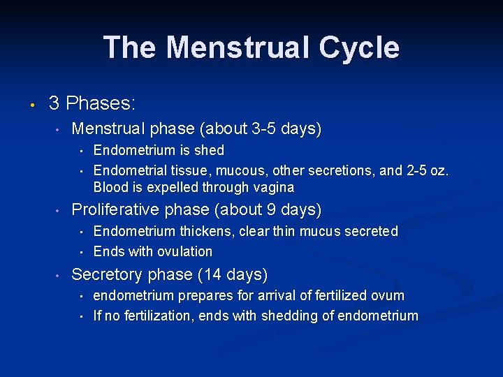 The Menstrual Cycle • 3 Phases: • Menstrual phase (about 3 -5 days) •