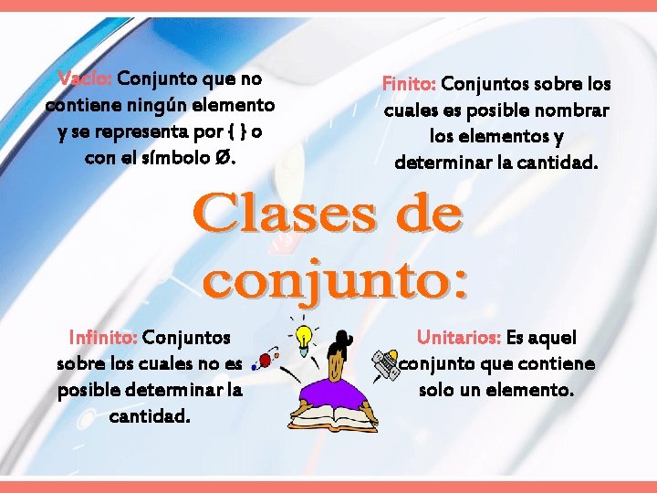 Vacío: Conjunto que no contiene ningún elemento y se representa por { } o