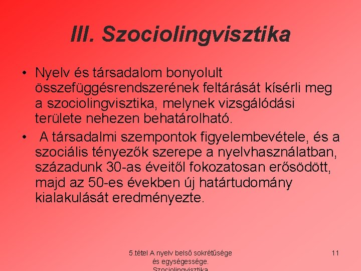 III. Szociolingvisztika • Nyelv és társadalom bonyolult összefüggésrendszerének feltárását kísérli meg a szociolingvisztika, melynek