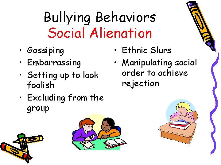 Bullying Behaviors Social Alienation • Gossiping • Embarrassing • Setting up to look foolish