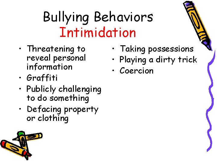 Bullying Behaviors Intimidation • Threatening to reveal personal information • Graffiti • Publicly challenging