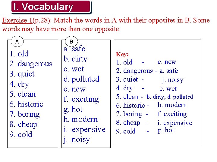 I. Vocabulary Exercise 1(p. 28): Match the words in A with their opposites in